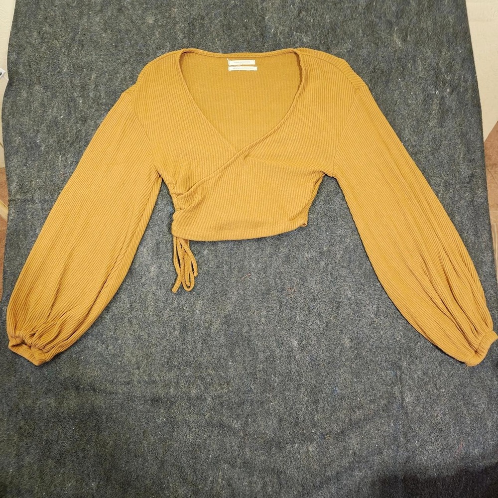 Urban Outfitters Yellow Ribbed Wrap Crop Top Long Sleeve Balloon Sleeve XS